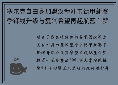 塞尔克自由身加盟汉堡冲击德甲新赛季锋线升级与复兴希望再起航蓝白梦