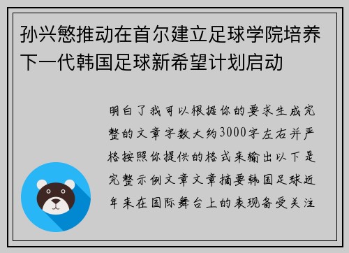 孙兴慜推动在首尔建立足球学院培养下一代韩国足球新希望计划启动 孙兴慜推动在首尔建立足球学院培养下一代韩国足球新希望计划启动