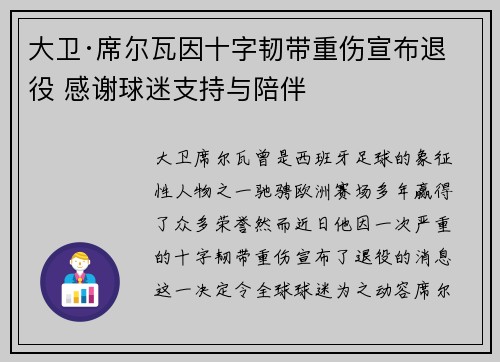 大卫·席尔瓦因十字韧带重伤宣布退役 感谢球迷支持与陪伴 大卫·席尔瓦因十字韧带重伤宣布退役 感谢球迷支持与陪伴